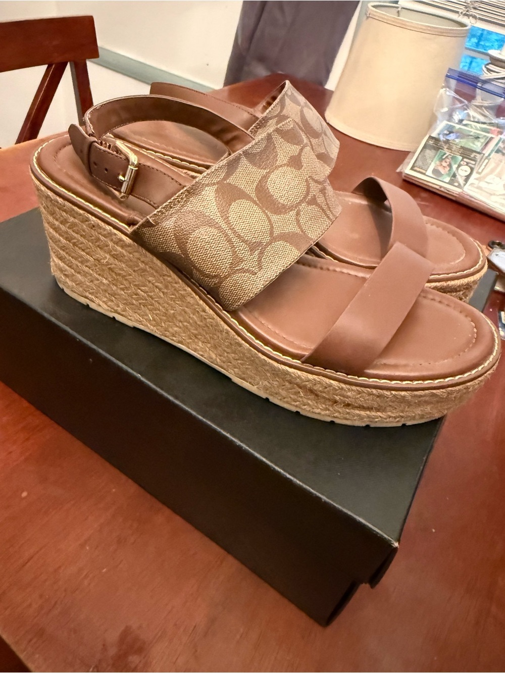 Coach Tan Signature Canvas and Leather Espadrille Wedges